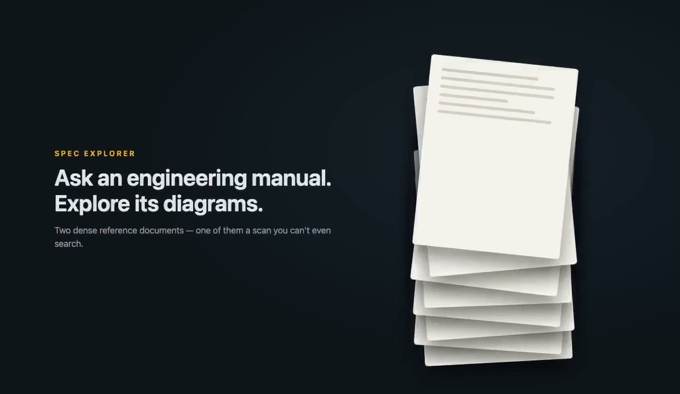 Spec Explorer title card: a stack of engineering documents beside the words 'Ask an engineering manual. Explore its diagrams.'